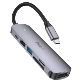 Хаб Hoco HB28 6 в 1 USB 2.0, 1 USB 3.0, Type-C, Card Reader SD, Micro SD, HDMI, Серый