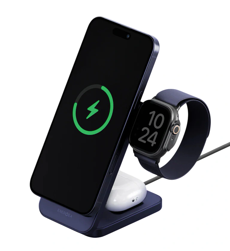 Беспроводное зарядное устройство EnergEA MagTrio 2 3 в 1 Qi2 25Вт, Cинее (MAG-TRIO2-BLU). Фото 1