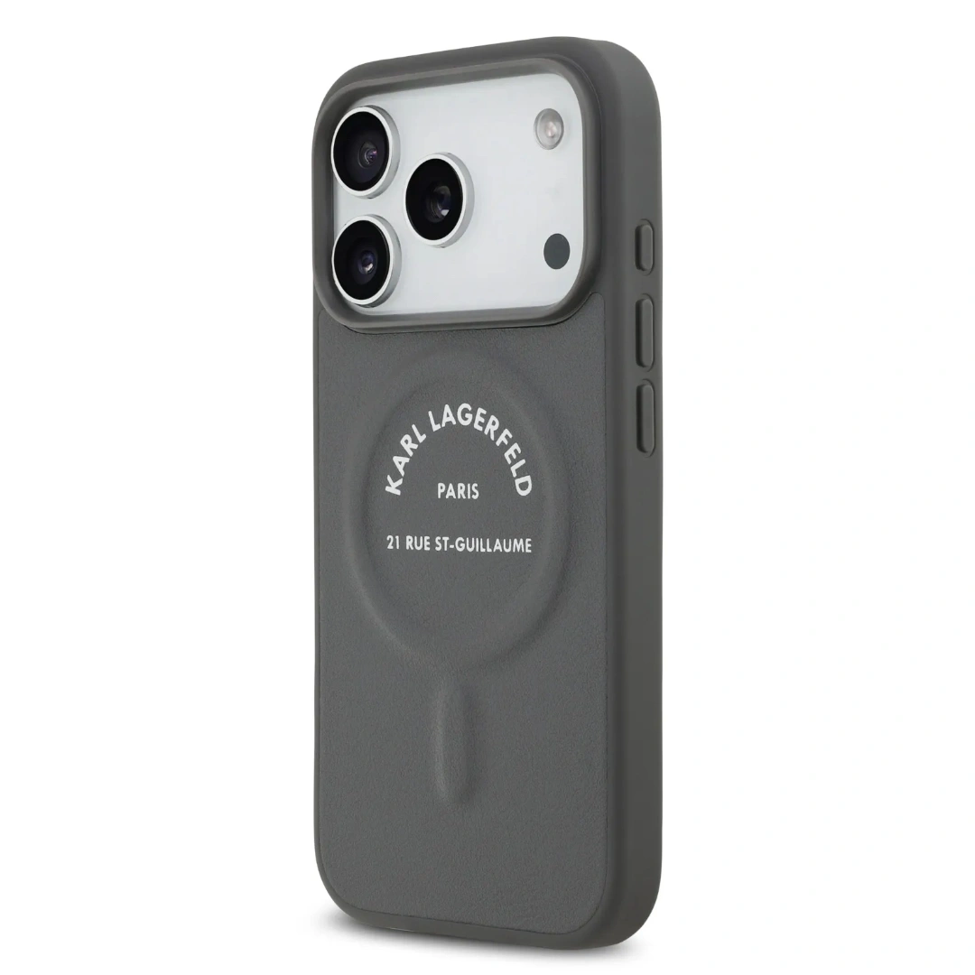 Накладка Lagerfeld для iPhone 18 Pro Max/17 Pro Max PU Embossed Ring RSG Metal cam Hard (MagSafe), Grey (KLHMP18XPSKRSGEG). Фото 1