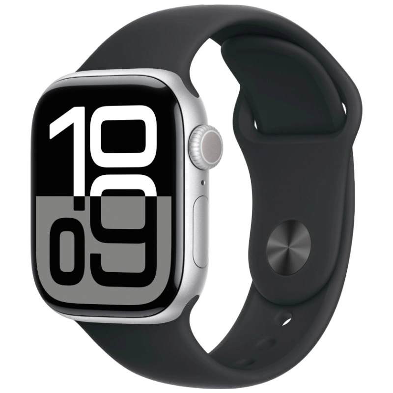 Apple Watch Series 10, 42 мм, серебристый алюминий, спортивный ремешок цвета "Black", S/M (MWWW3). Фото 1
