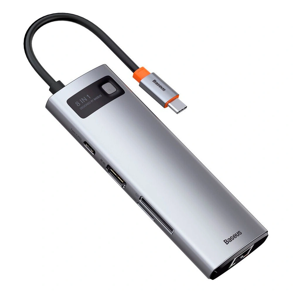 Хаб Baseus Metal Gleam Series 8-in-1 Multifunctional Type-C HUB Docking Station USB3.0x3, PD 100W, HDMI 4K, RJ45, SD, TF, серый (CAHUB-CV0G). Фото 1