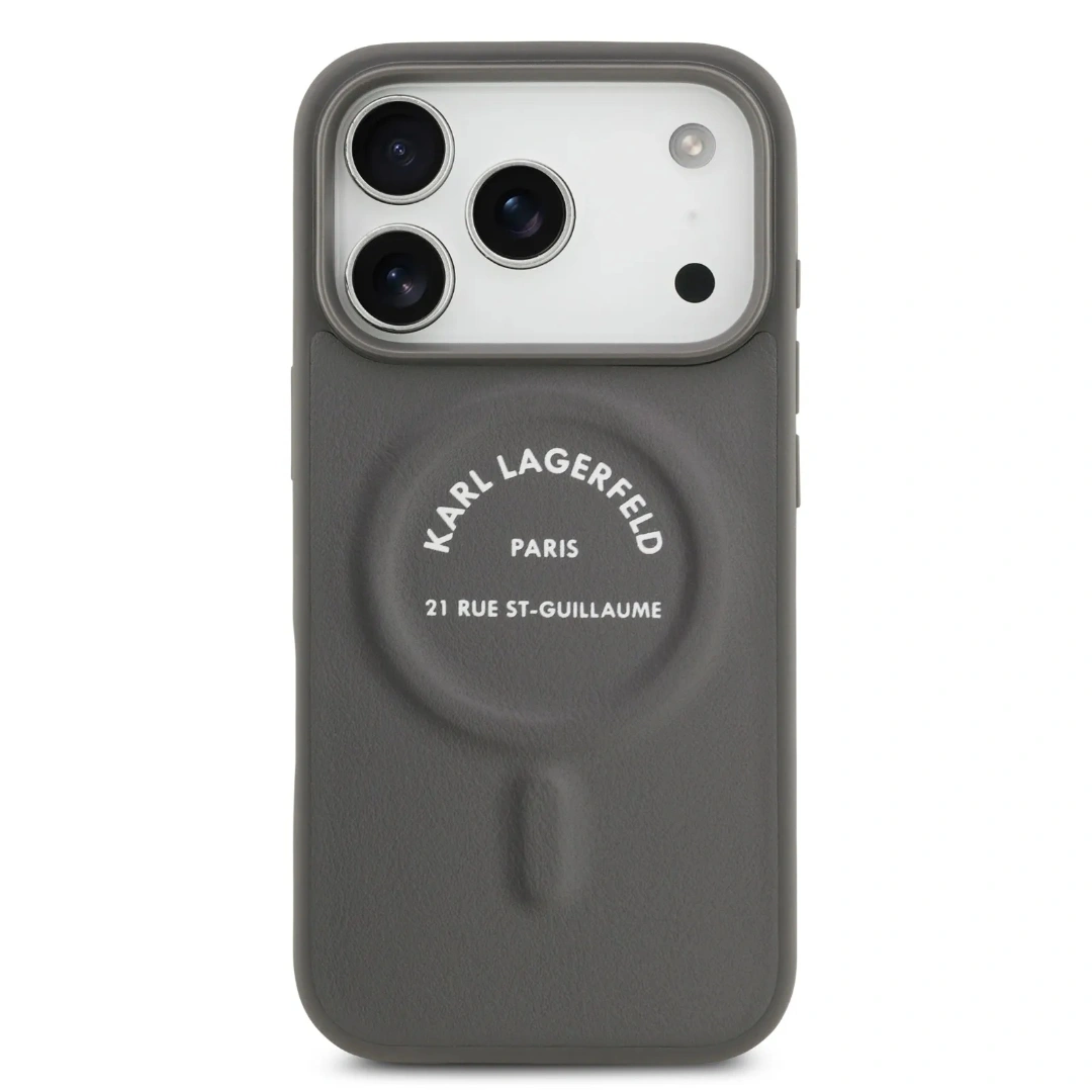 Накладка Lagerfeld для iPhone 18 Pro Max/17 Pro Max PU Embossed Ring RSG Metal cam Hard (MagSafe), Grey (KLHMP18XPSKRSGEG). Фото 2