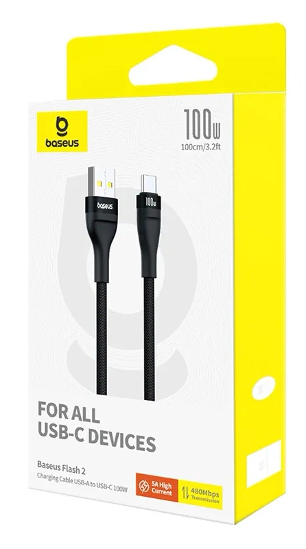Кабель Baseus Flash 2 Charging Cable USB to Type-C 100W 1m, Чёрный (P10311804111-01). Фото 3
