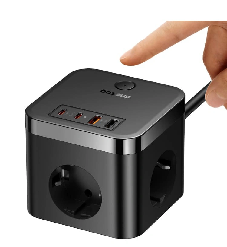 Сетевое зарядное устройство Baseus PowerCombo Cube Power Strip 3AC+2U+2C 30W 1.5m, Чёрное (E00066400117-00). Фото 5