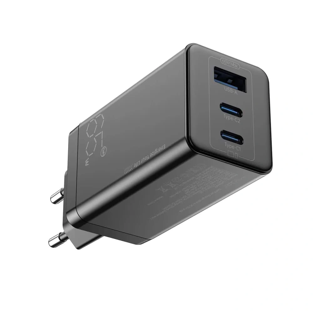 Сетевое зарядное устройство Vyvylabs Gan Fast Charger 65W A+2C, Чёрное (GAN65EU-WH). Фото 1
