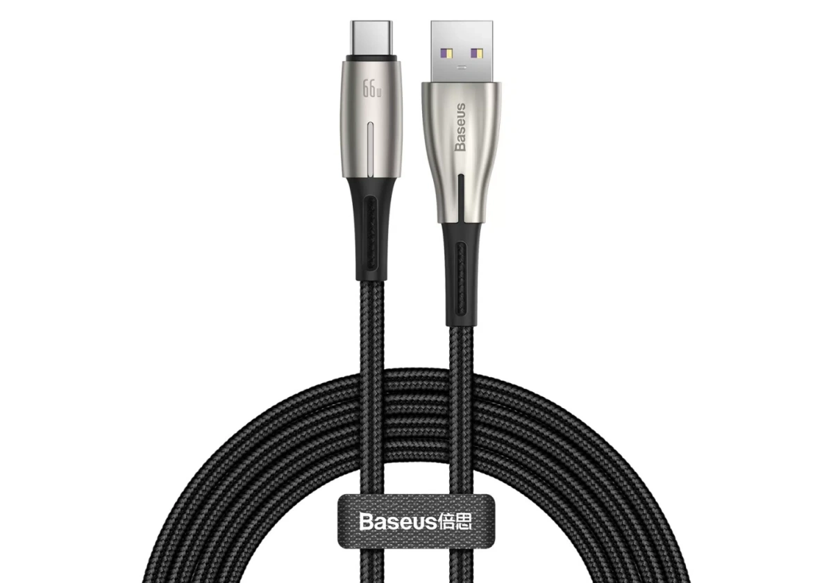 Кабель Baseus Water Drop-shaped Lamp SuperCharge Cable USB to Type-C 66W 1m, Чёрный (CATSD-M01). Фото 1