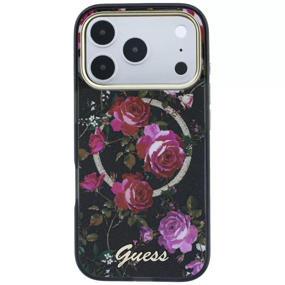Накладка Guess для iPhone 18 Pro / 17 Pro IML Glitter Flowers Roses Metal Logo&Cam Hard (MagSafe), Black (GUHMP18L6HTBGSLK). Фото 3