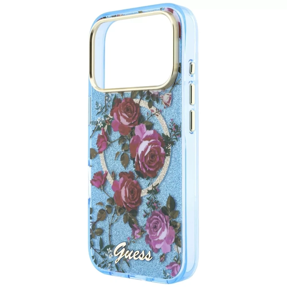Накладка Guess для iPhone 18 Pro / 17 Pro IML Glitter Flowers Roses Metal Logo&Cam Hard (MagSafe), Light Blue (GUHMP18L6HTBGSLB). Фото 5