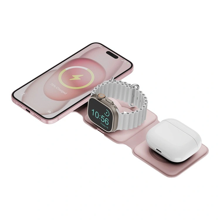 Беспроводное зарядное устройство EnergEA Bazic GoMag Trio PLUS magnetic wireless foldable 15W, Pink (GM-TRIOPLUS-PNK). Фото 2