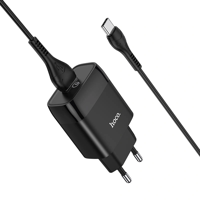 Сетевое зарядное устройство Hoco C72Q Glorious 1xUSB, 3А, 18W, QC3.0 + USB кабель Type-C, 1м, Чёрное. Фото 1