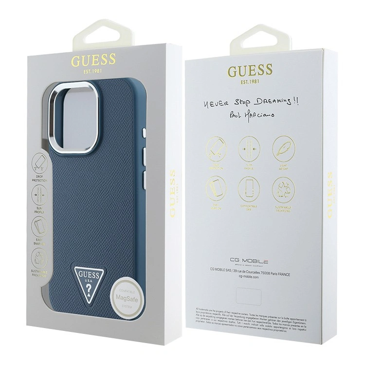 Накладка Guess для iPhone 16 Pro Max PU Grained leather Triangle metal logo Hard (MagSafe), Blue (GUHMP16XPGTSPSB). Фото 5