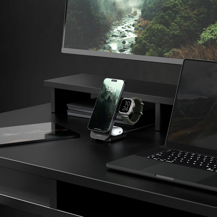 Беспроводное зарядное устройство EnergEA Bazic GoMag Trio PLUS 3in1 magnetic wireless foldable charger Qi2 22.5W, Gunmetal (MAG-TRIOPLUS-GUN). Фото 5
