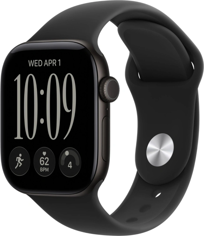 Умные часы Apple Watch Series 12 GPS, 46мм, Чёрный алюминиевый корпус, спортивный ремешок чёрного цвета, размер M/L 160-210 мм (MJEL4). Фото 1