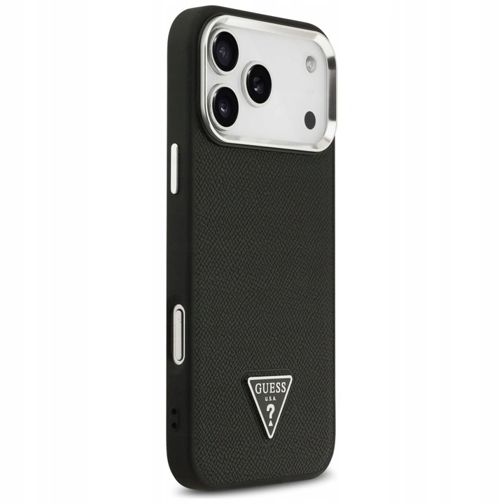 Накладка Guess для iPhone 17 Pro Max PU Grained leather Triangle metal logo & Cam (MagSafe), Чёрная (GUHMP17XPGTSPSK). Фото 4