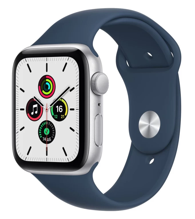 Apple Watch SE (2021), 44 мм, серебристый алюминий, спортивный ремешок цвета "синий омут" (MKQ43)
