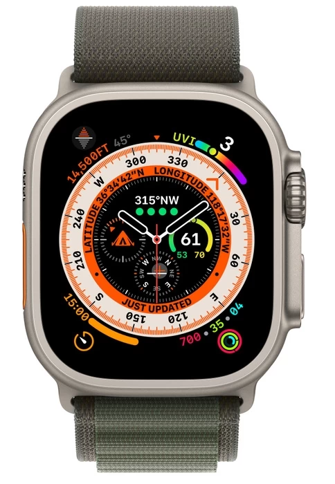 Apple Watch Ultra GPS+Cellular 49mm, ремешок "Green Alpine Loop" S 130–160mm (MNHJ3)