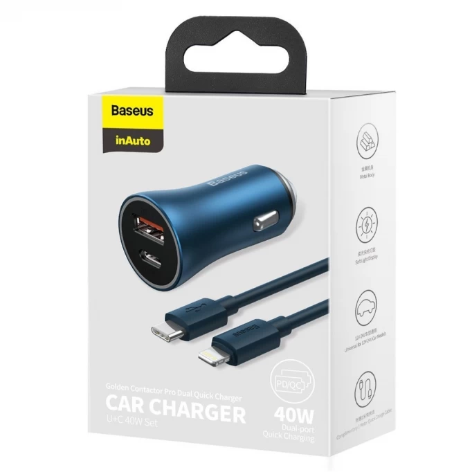 Автомобильное зарядное устройство Baseus Golden Contactor Pro Dual Quick Charger Car Charger U C 40W (TZCCJD-03) With Baseus Simple Wisdom Data Cable Type-C to iP 1m, Синее