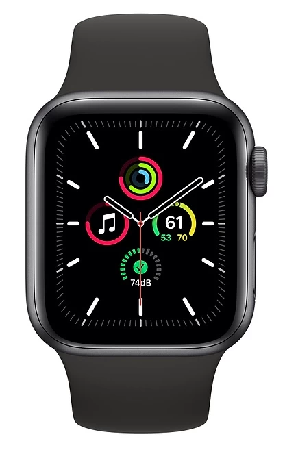 Apple Watch SE, 40 мм, алюминий "серый космос", спортивный ремешок чёрного цвета (MYDP2)