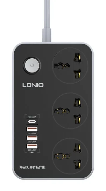 Сетевой фильтр LDNIO 2500W, 3 розетки, 3 USB QC 3.0, PD 3.0/20W, 2m (SC3412)