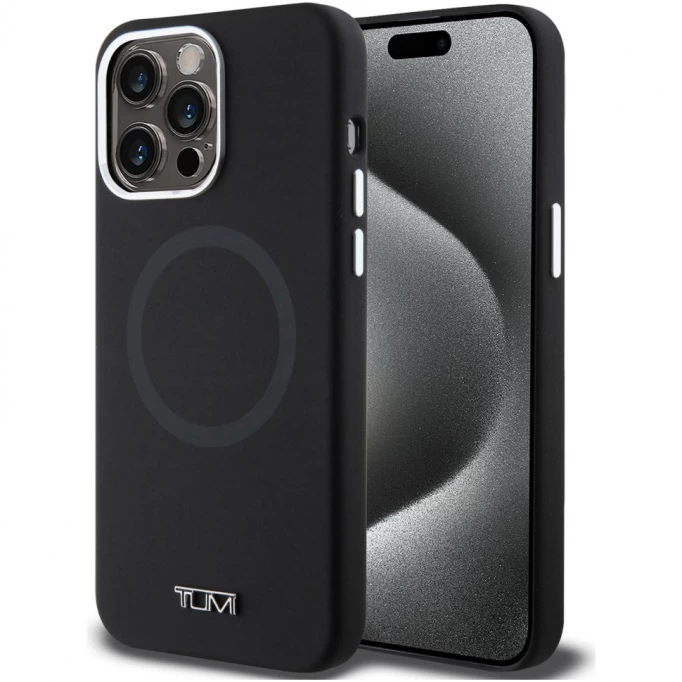 Накладка Tumi Liquid silicone Laser Ring Metal logo Hard (MagSafe) для iPhone 15 Pro Max, Чёрная (TUHMP15XSMLK)